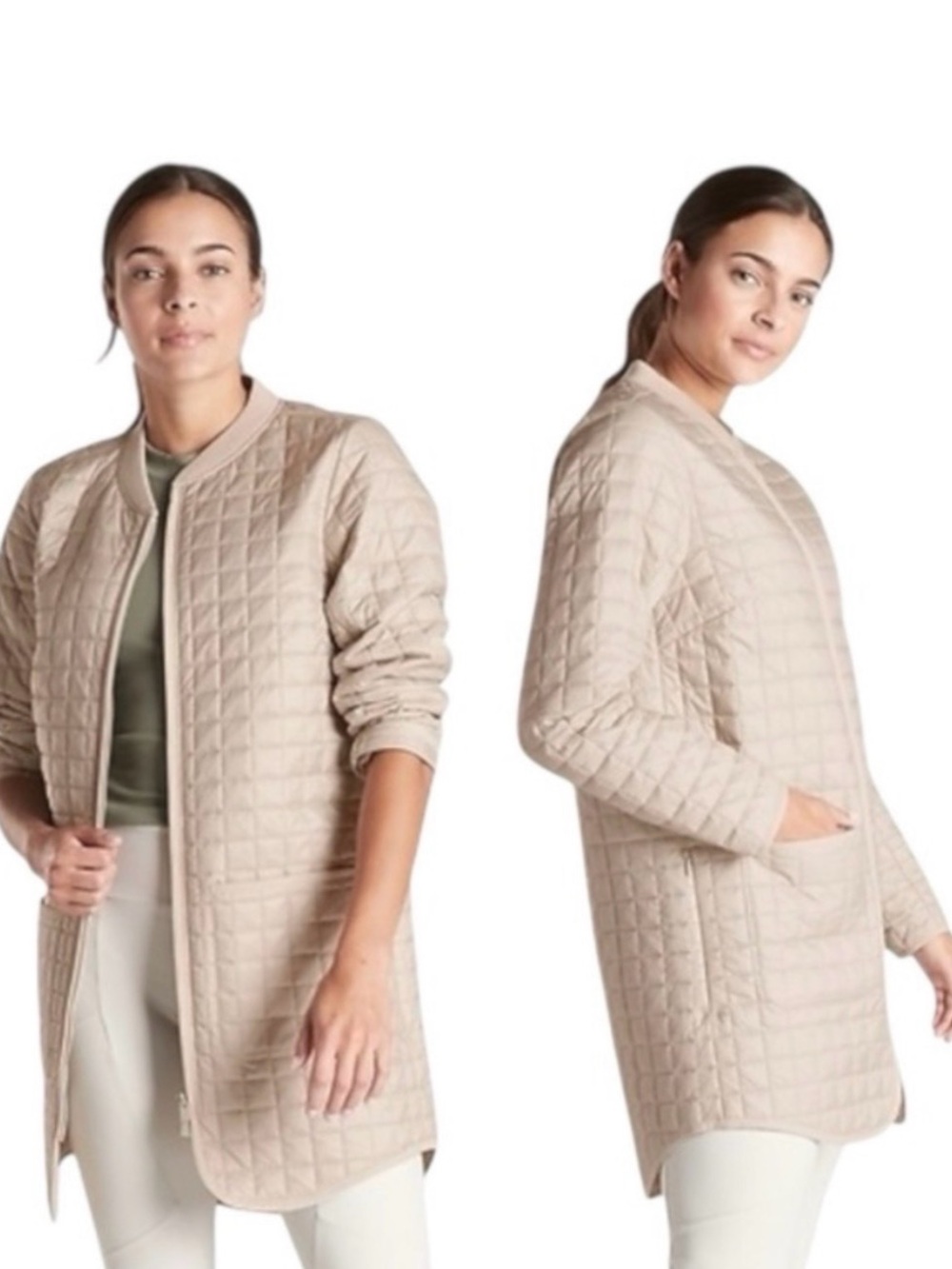 Athleta Grandview Primaloft Lightweight Quilted Long Shell Jacket in Cream